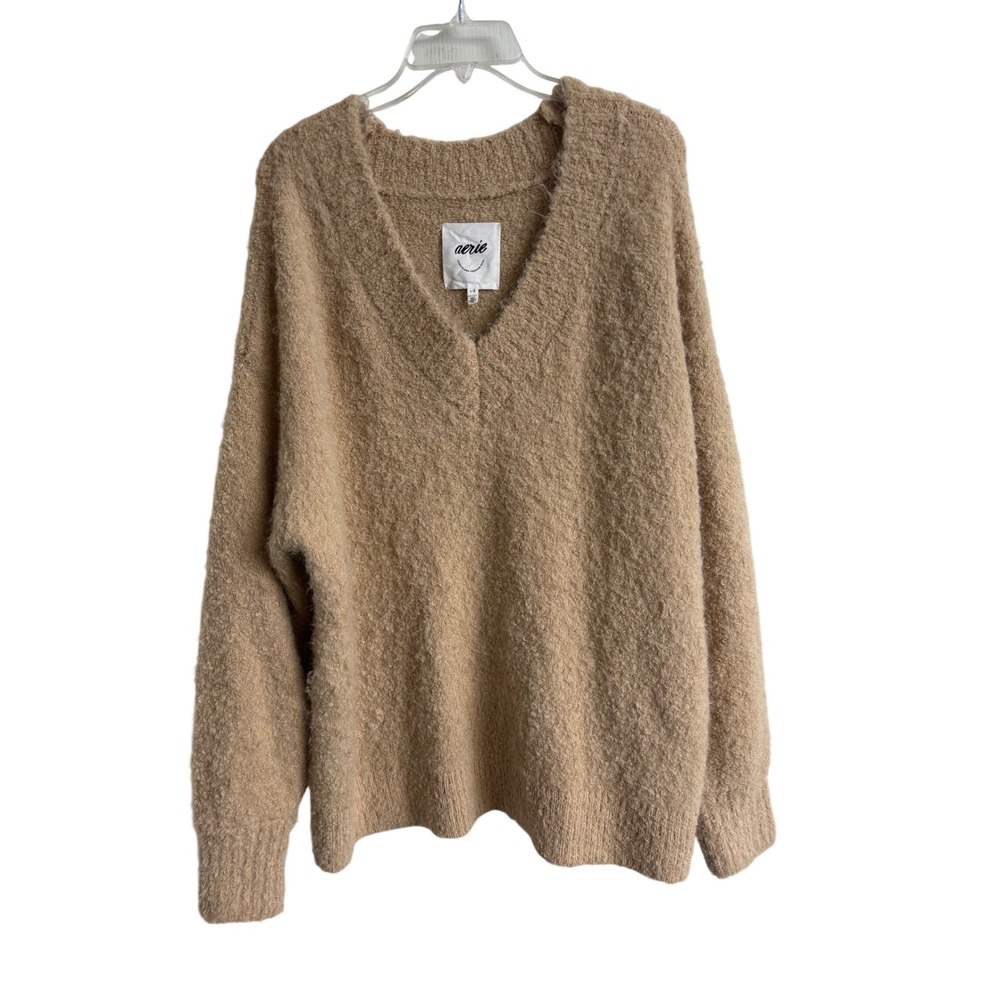 Aerie Womens Tan Fuzzy V-Neck Oversized Knit Sweater Large Cabin Core Wool Blend
